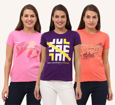 FEDAMSEL Printed, Typography Women Round Neck Purple, Pink, Orange T-Shirt