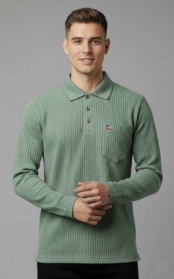 SAND PIPER Self Design Men Polo Neck Green T-Shirt