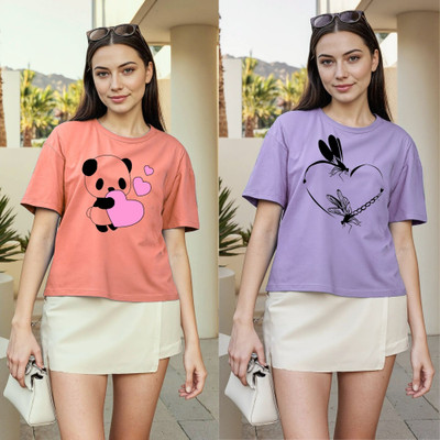 Herway Printed Women Round Neck Pink, Purple T-Shirt