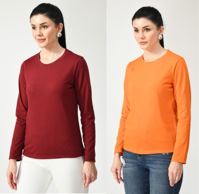 Nael Fashion Solid Women Round Neck Maroon, Orange T-Shirt