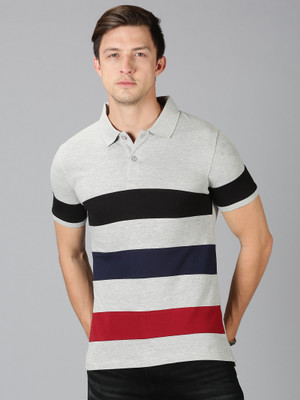 Manlino Striped Men Polo Neck Grey T-Shirt