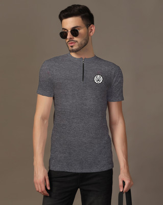 Lawful Casual Printed Men Mandarin Collar Grey T-Shirt