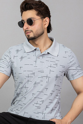 TRIUS Printed Men Polo Neck Grey T-Shirt