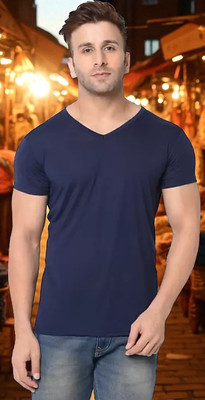 Faricon Trending Solid Men Round Neck Dark Blue T-Shirt