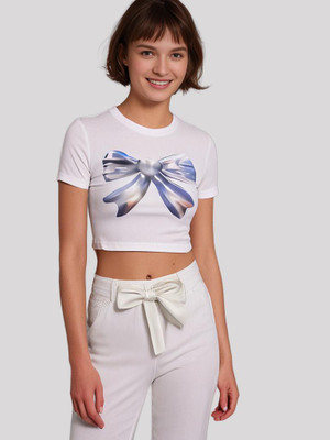 OUTZIDR Printed Women Round Neck White, Blue T-Shirt