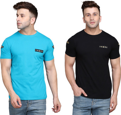 Lawful Casual Solid Men Round Neck Light Blue, Black T-Shirt