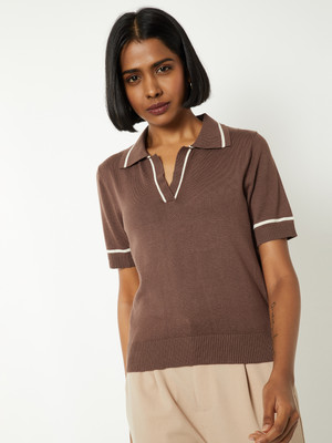 MAX Self Design Women Polo Neck Brown T-Shirt