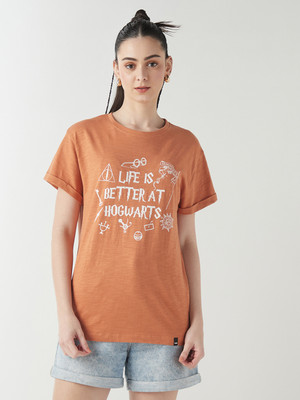 BEWAKOOF Graphic Print Women Round Neck Orange T-Shirt