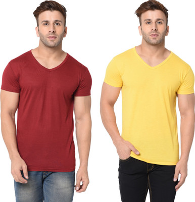 Tresna Fab Solid Men V Neck Maroon, Yellow T-Shirt