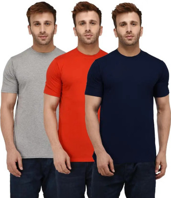 Brainbees Solid Men Round Neck Dark Blue, Orange, Silver T-Shirt