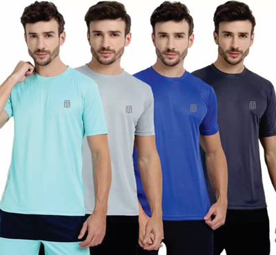 wildborn Solid Men Round Neck Grey, Light Blue, Dark Blue T-Shirt
