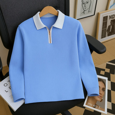 KAJARU Colorblock Men Zip Neck Blue T-Shirt