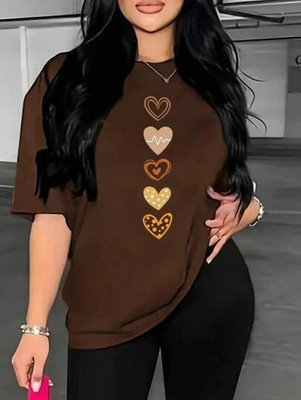 requin Printed Women Round Neck Brown T-Shirt