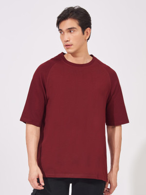 MANIAC Solid Men Round Neck Maroon T-Shirt