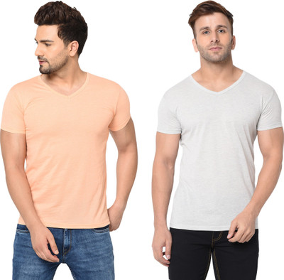 Adorbs Trend Solid Men V Neck White, Pink T-Shirt