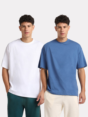 NOBERO Solid Men Round Neck White, Blue T-Shirt