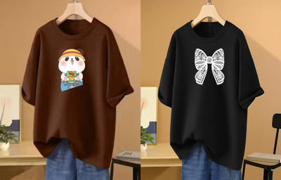 RAPTUROUS Printed Women Round Neck Brown, Black T-Shirt