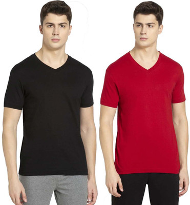 JOCKEY Solid Men V Neck Black, Red T-Shirt