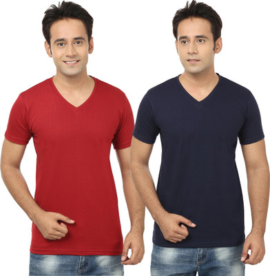 Tresna Fab Self Design, Solid Men V Neck Dark Blue, Maroon T-Shirt