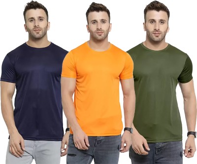 Think Tech Solid Men Round Neck Dark Blue, Yellow, Dark Green T-Shirt