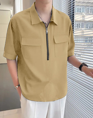 Force Solid Men Zip Neck Beige T-Shirt