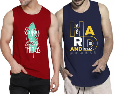 WOOSTRO Printed Men Round Neck Maroon, Navy Blue T-Shirt
