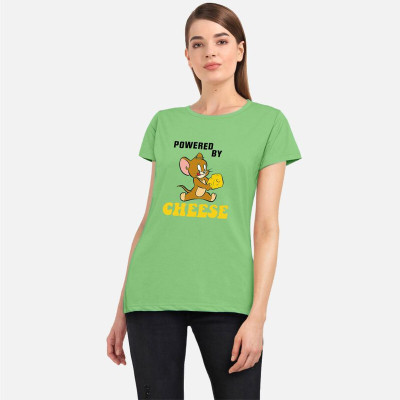TOM AND JERRY by DreamBe Printed Women Round Neck Light Green T-Shirt
