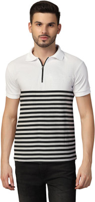tfurnish Striped Men Polo Neck Black T-Shirt