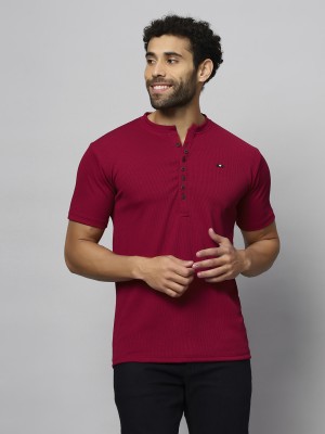 N AND J Solid Men Henley Neck Maroon T-Shirt