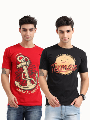 Texman Graphic Print Men Round Neck Red, Black T-Shirt