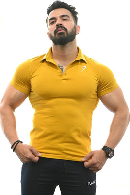 FuaarK Solid Men Polo Neck Yellow T-Shirt