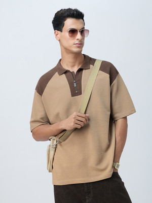 The Souled Store Solid Men Polo Neck Beige T-Shirt