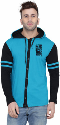 GEUM Printed Men Hooded Neck Light Blue, Black T-Shirt