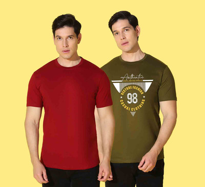 WOOSTRO Printed, Solid Men Round Neck Maroon, Green T-Shirt