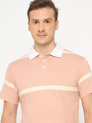 Auxamis Striped Men Polo Neck Pink T-Shirt