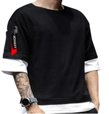 TARSHI Printed Men Round Neck Black T-Shirt