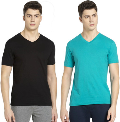 JOCKEY Solid Men V Neck Black, Light Green T-Shirt
