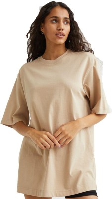 Besick Solid Women Round Neck Beige T-Shirt