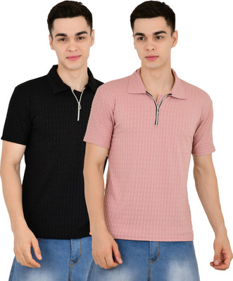 YUALIN CREATION Self Design Men Polo Neck Black, Pink T-Shirt
