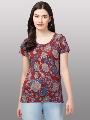 INUKA Printed Women Round Neck Maroon T-Shirt