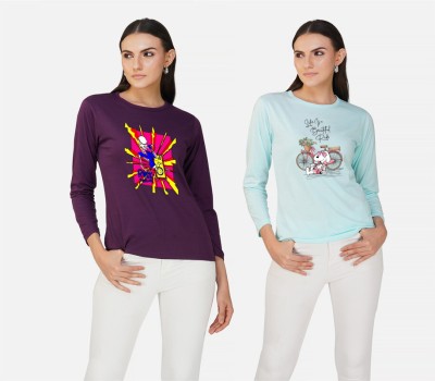 CHOZI Printed Women Round Neck Light Blue, Purple T-Shirt