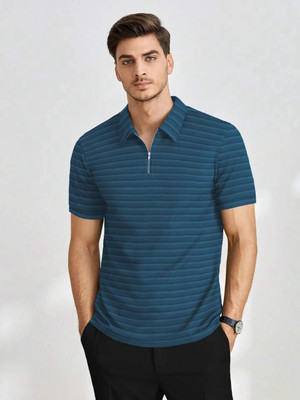 THE DRY STATE Solid Men Zip Neck Blue T-Shirt