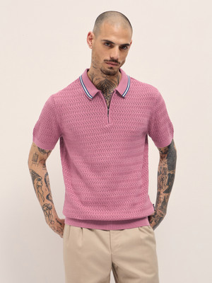 THE BEAR HOUSE Self Design Men Polo Neck Pink T-Shirt