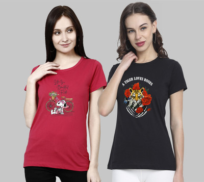 CHOZI Printed Women Round Neck Pink, Black T-Shirt