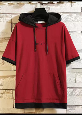 Bell Paper Solid Men Hooded Neck Maroon T-Shirt