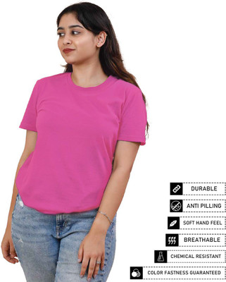 Qworld Solid Women Round Neck Pink T-Shirt