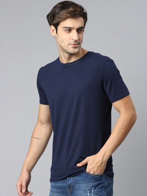 RULEDBYSUN Solid Men Round Neck Navy Blue T-Shirt