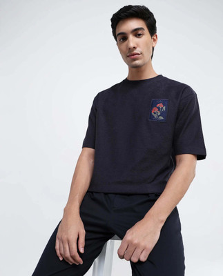 RARE RABBIT Self Design Men Round Neck Dark Blue T-Shirt