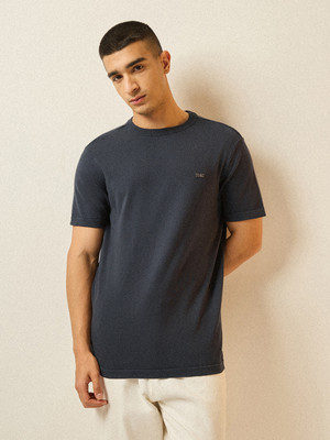 THE BEAR HOUSE Solid Men Round Neck Grey T-Shirt