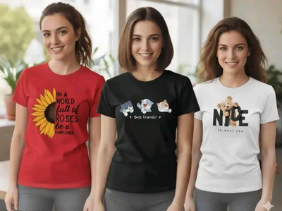 V sense Graphic Print, Printed, Cartoon, Floral Print Women Round Neck Multicolor T-Shirt